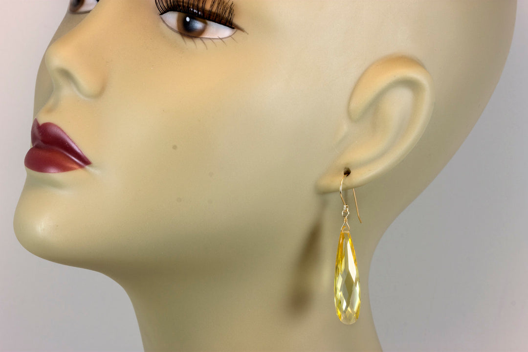Cubic Zirconia Earrings Simulated Yellow Diamond Long Large Tear Drop AAA CZ 14k Solid Gold or Filled or Sterling Silver Facet Simple 2 Inch