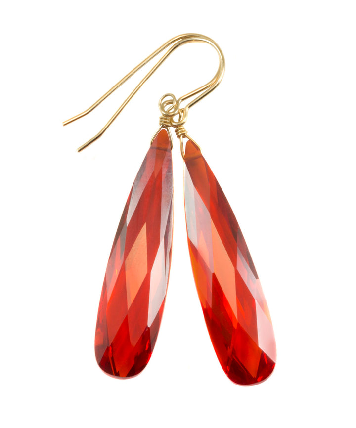 Cubic Zirconia Earrings Simulated Red Orange Sapphire Long Large Tear Drop AAA CZ 14k Solid Gold or Filled or Sterling Silver Faceted 2 Inch