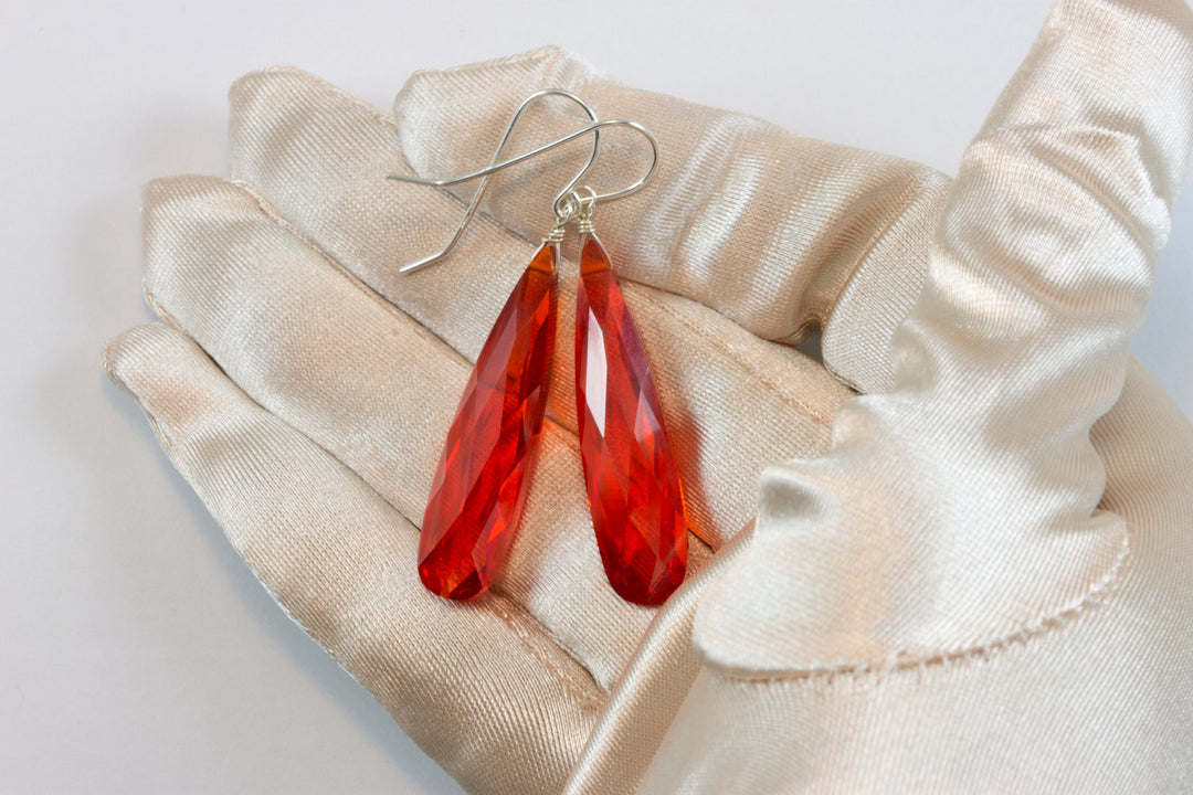 Cubic Zirconia Earrings Simulated Red Orange Sapphire Long Large Tear Drop AAA CZ 14k Solid Gold or Filled or Sterling Silver Faceted 2 Inch