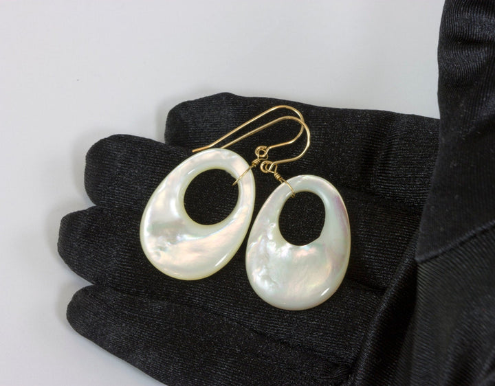 Mother of Pearl Earrings White Shell Oval Shaped  Circle Teardrop Natural 14k Solid Gold or Filled or Sterling Silver Large Luster MOP Drops