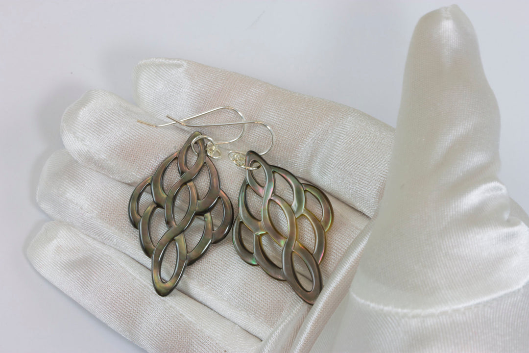 Mother of Pearl Earrings Peacock Black Shell Carved Infinity Teardrop Natural 14k Solid Gold or Filled or Sterling Silver Large MOP  2 Inch