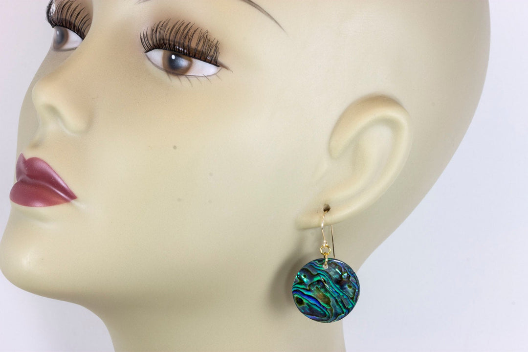 Abalone Paua Shell Teardrop Earrings Natural Peacock Round 14k Solid Gold or Filled or Sterling Silver Large Simple MOP Drops AAA Green Blue