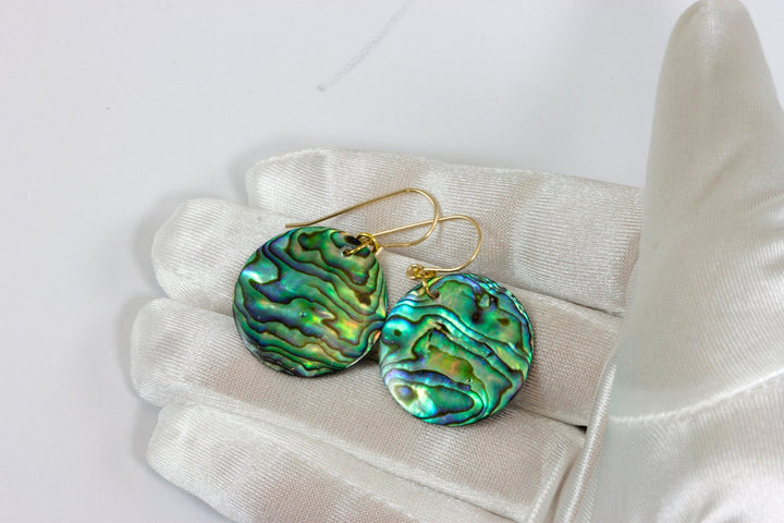 Abalone Paua Shell Teardrop Earrings Natural Peacock Round 14k Solid Gold or Filled or Sterling Silver Large Simple MOP Drops AAA Green Blue