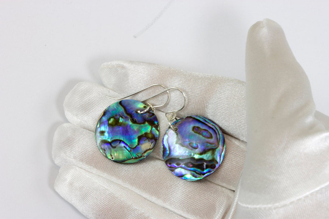 Abalone Paua Shell Teardrop Earrings Natural Peacock Round 14k Solid Gold or Filled or Sterling Silver Large Simple MOP Drops AAA Green Blue