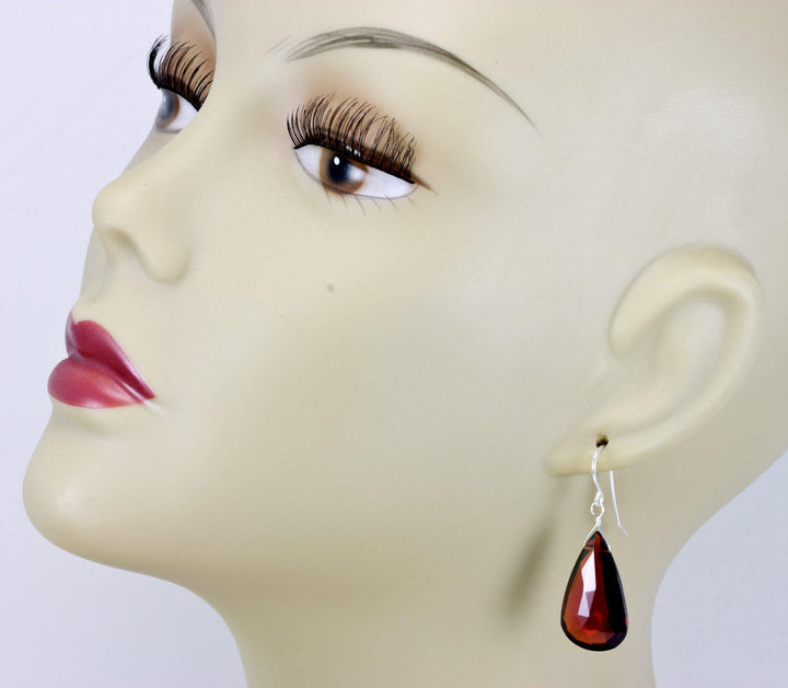 Deep Red Simulated Garnet Earrings Facet Large Pear Teardrop Drop Dangle 14k Solid Gold or Yellow or Rose Filled or Sterling Silver Classic