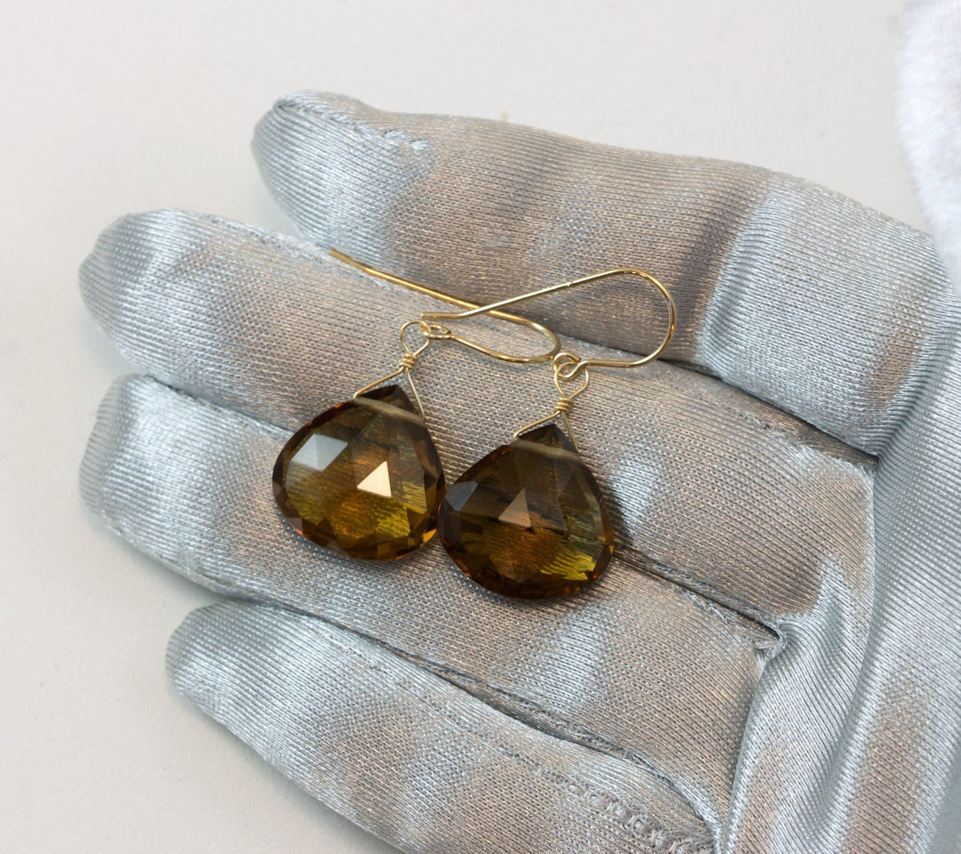 Whiskey Cognac Smoky Quartz Earrings Large Heart Sterling Silver or 14k Solid Gold or Yellow or Rose Filled Teardrop Natural Classic Drops
