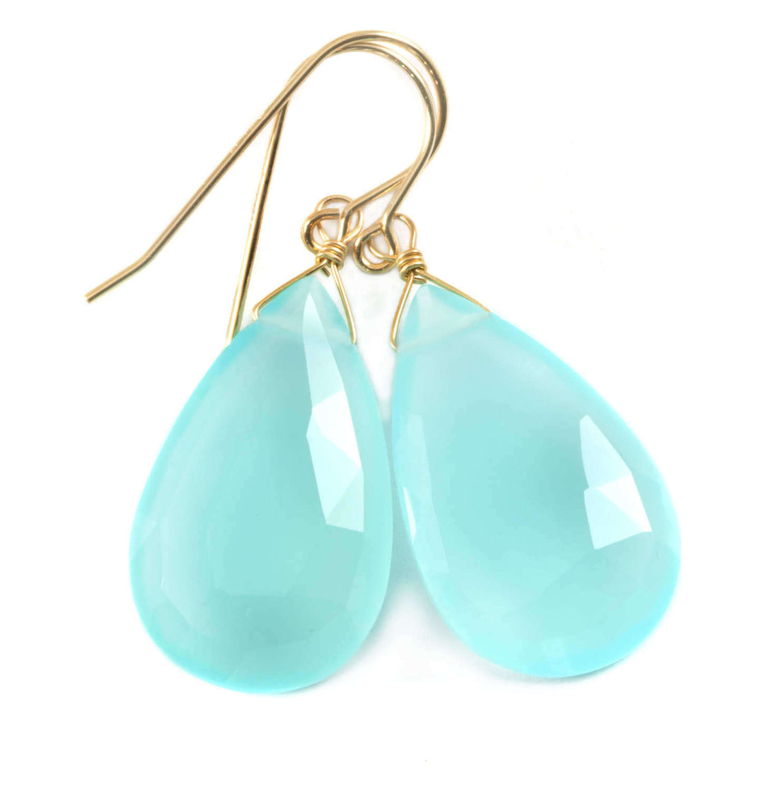 Aqua Blue Chalcedony Earrings 14k Solid Gold or Filled or Sterling Silver Teardrop Pear Shaped Faceted Soft Pale Blue  Long Large Drops