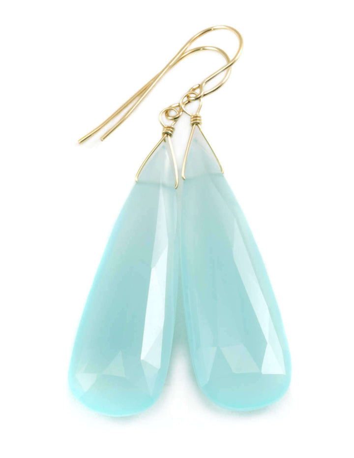 Blue Chalcedony Earrings Faceted Teardrop AAA Briolettes Sterling Silver 14k Solid Gold or 14k Gold Filled Large Long Soft Aqua Drops 2 Inch