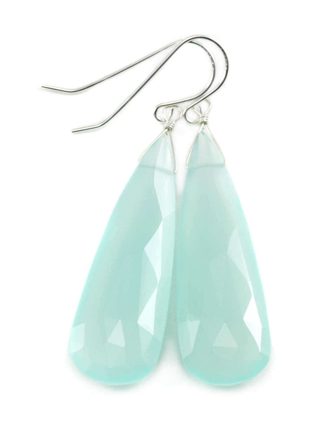 Blue Chalcedony Earrings Faceted Teardrop AAA Briolettes Sterling Silver 14k Solid Gold or 14k Gold Filled Large Long Soft Aqua Drops 2 Inch