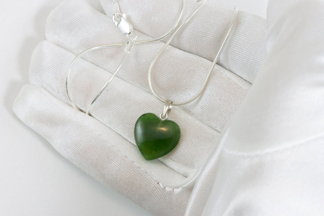 Jade Necklace Green Nephrite Jade Pendant Heart Shaped  Small Sterling Silver Snake Chain 18 Inches Natural Simple Daily Wear