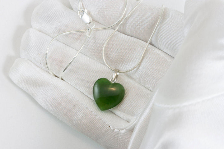 Jade Necklace Green Nephrite Jade Pendant Heart Shaped  Small Sterling Silver Snake Chain 18 Inches Natural Simple Daily Wear