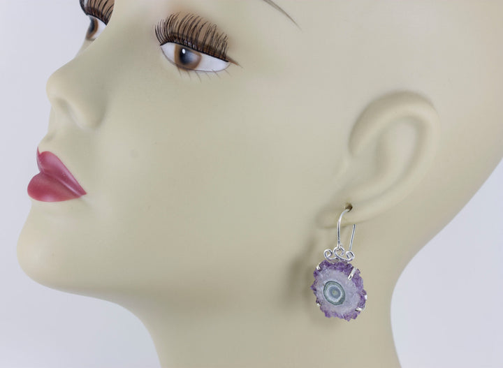 Drusy Earrings Amethyst Stalactite Slice Hand Wired Simple Purple Lavender Green Center Druzy Sterling Silver Earthy Natural