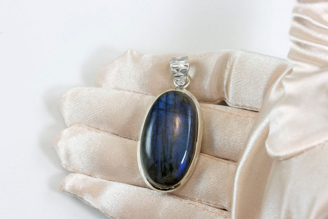 Labradorite Necklace Pendant  Sterling Silver Long Oval Cabachon Large Shape AAA Spyglass Designs Natural Deep Blue Flash Simple Design