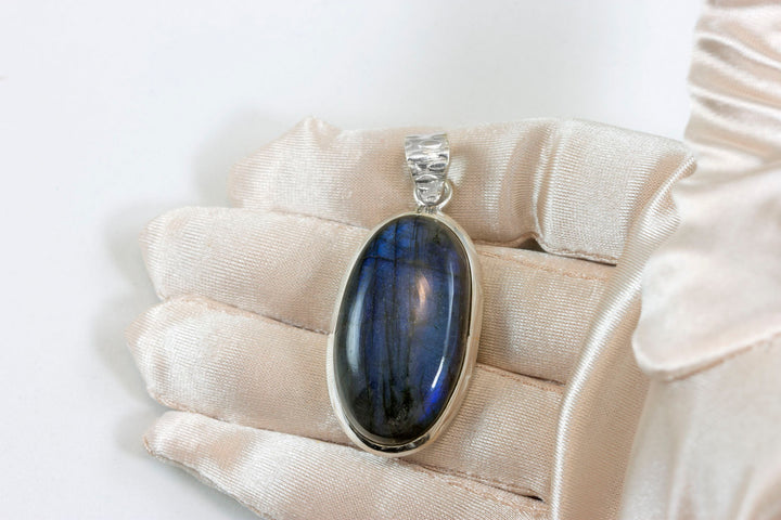 Labradorite Necklace Pendant  Sterling Silver Long Oval Cabachon Large Shape AAA Spyglass Designs Natural Deep Blue Flash Simple Design