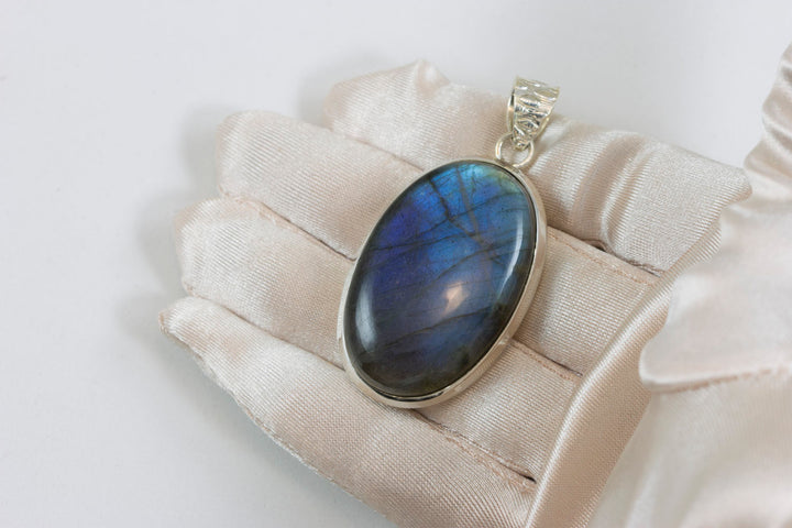 Labradorite Necklace Pendant  Sterling Silver Long Large Oval Cabachon Large Shape AAA Spyglass Designs Natural Deep Blue Flash Simple