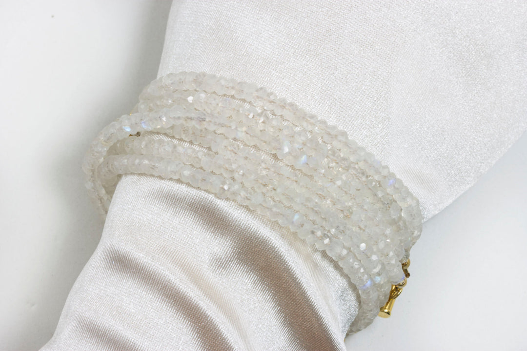 Moonstone Necklace or Wrap Bracelet Faceted 14k Gold Plate or Sterling Silver 22 6 7  Inches Natural Rainbow Blue Two Strands Versatile