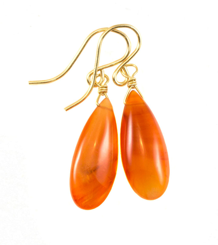 Carnelian Earrings Smooth Long Teardrop Sterling Silver or 14k Solid Gold or Filled natural earthy orange Chalcedony simple drops spyglass