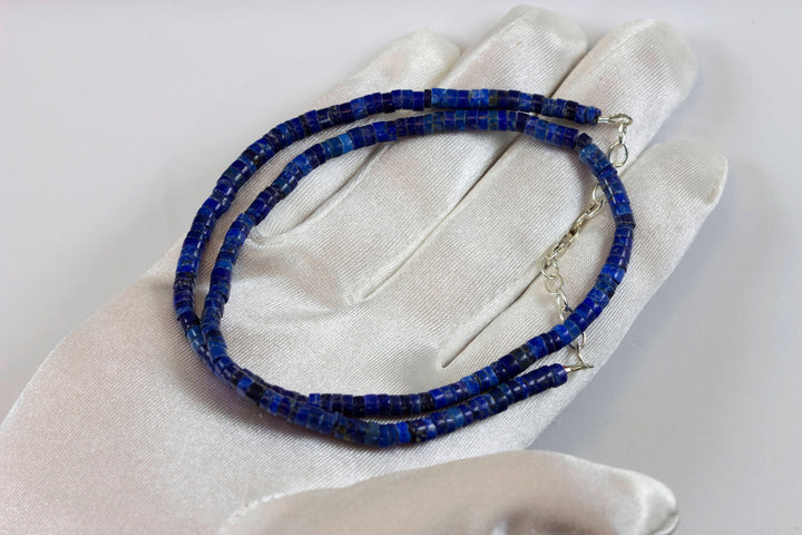 Lapis Lazuli Blue Necklace Natural Smooth Heishi Beaded 14k Gold Filled or Sterling Silver 18 19 Inches Simple Everyday Wear Heshi Cut