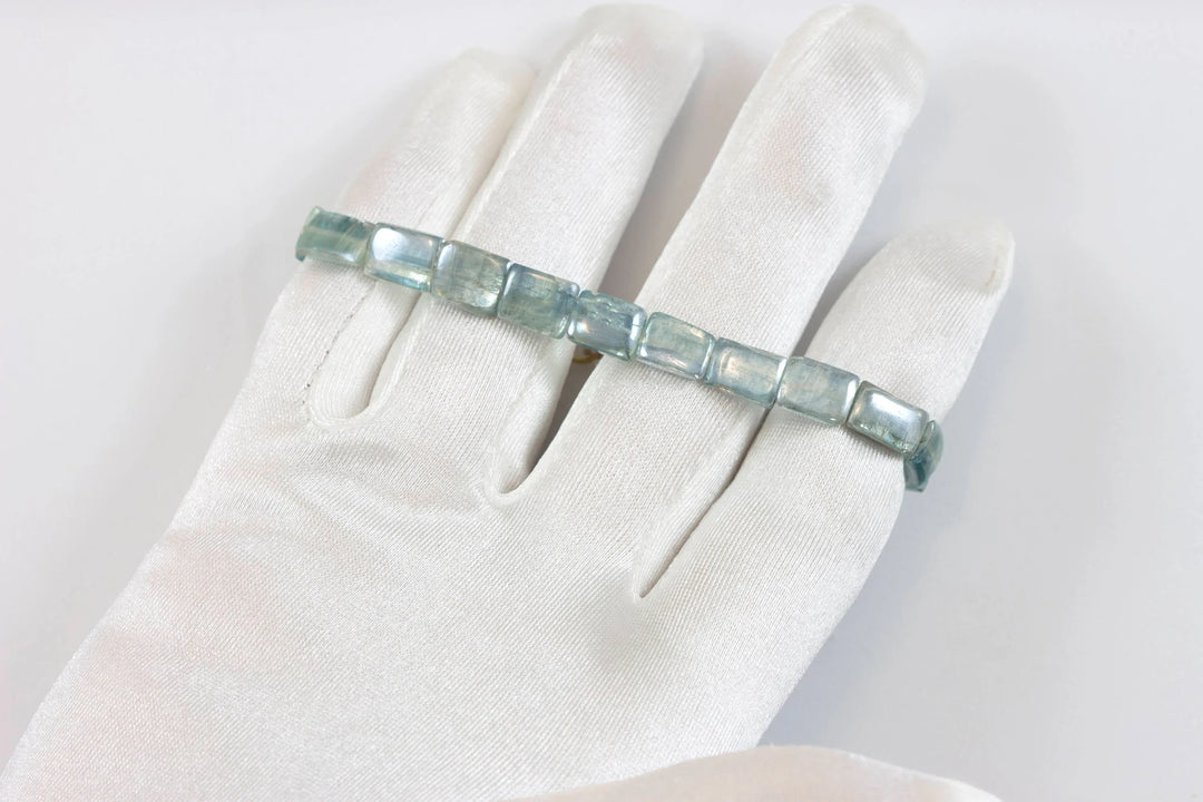 Kyanite Bracelet Yellow 14k Gold Plate or Silver Silvery Blue Very Rare Rectangle Cut and Color 7" Iridescent Unique Color - Spyglass Designs