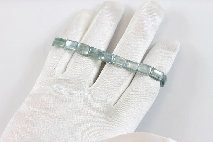 Kyanite Bracelet Yellow 14k Gold Plate or Silver Silvery Blue Very Rare Rectangle Cut and Color 7" Iridescent Unique Color - Spyglass Designs