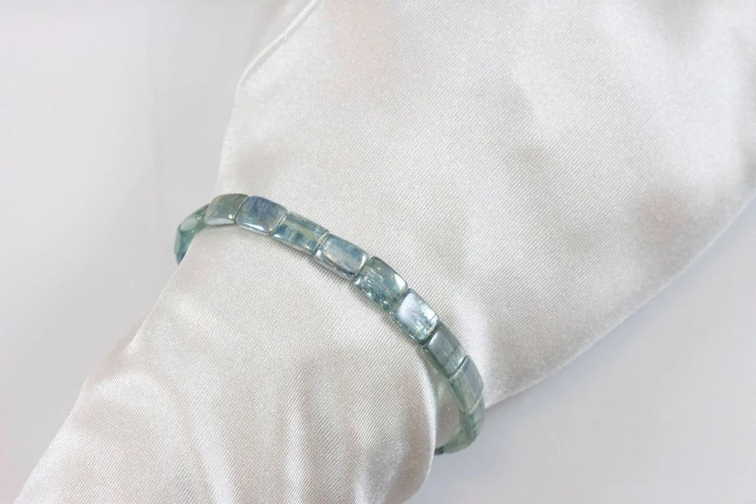 Kyanite Bracelet Yellow 14k Gold Plate or Silver Silvery Blue Very Rare Rectangle Cut and Color 7" Iridescent Unique Color - Spyglass Designs