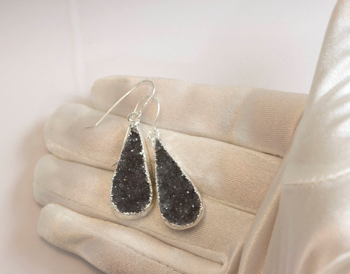 Drusy Earrings Black Gray Long Large  Druzy Teardrop 14k Solid Gold or Filled or Sterling Silver  Electroplated Natural Quartz Earthy Drops
