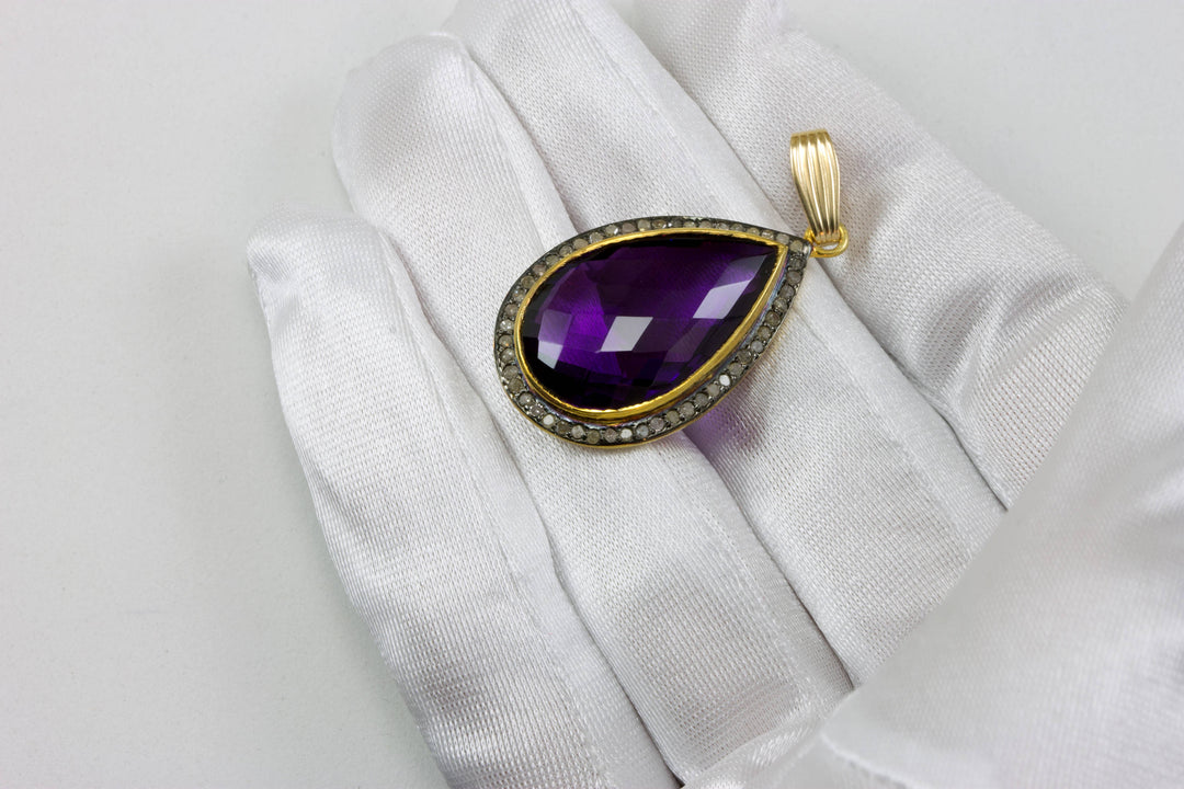 Purple Amethyst Necklace Pendant 14k Gold Filled Pave Champagne Diamonds surround Bezel Set Rhodium accent large teardrop faceted stone