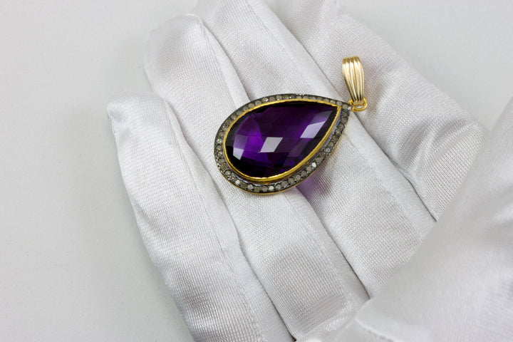 Purple Amethyst Necklace Pendant 14k Gold Filled Pave Champagne Diamonds surround Bezel Set Rhodium accent large teardrop faceted stone
