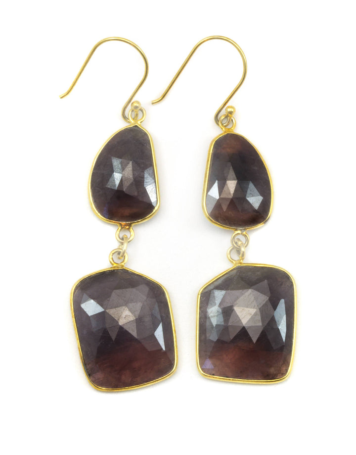 Red Brown Sapphire Earrings Teardrop 14k Solid Gold  Bezel Rectangle Shaped Faceted Simple Double Hung Bezeled Long Drops Natural 2.5 Inch