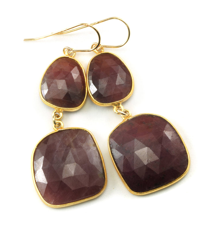 Red Sapphire Earrings Teardrop 14k Gold Filled  Bezel Rectangle Shaped Faceted Simple Double Hung Bezeled Long Drops Natural 2.5 Inch