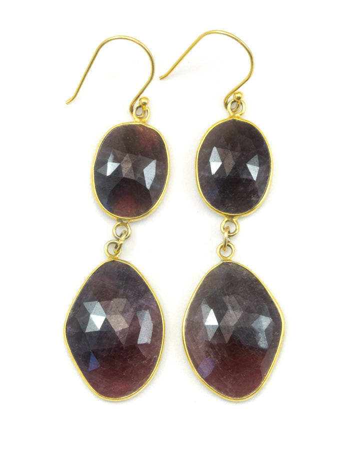 Dark Red Sapphire Earrings Teardrop 14k Gold Filled  Bezel Rectangle Shaped Faceted Simple Double Hung Bezeled Long Drops Natural 2.5 Inch