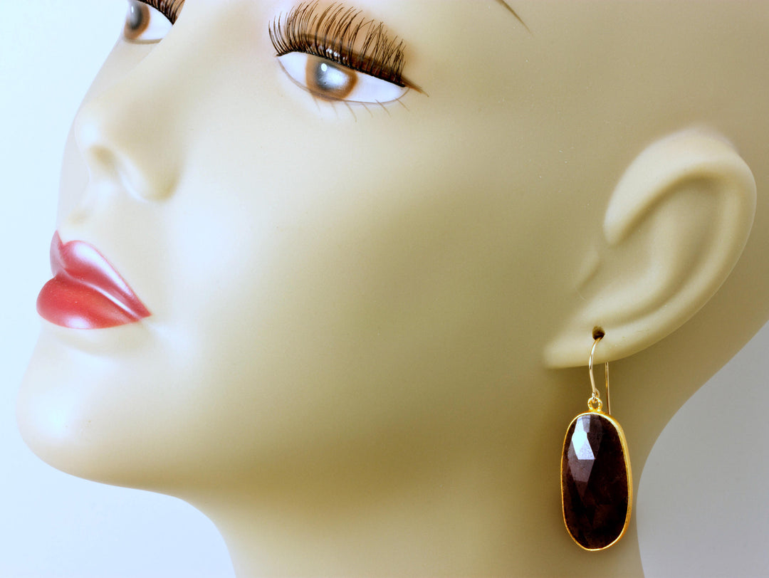 Dark Red Sapphire Earrings Teardrop 14k Solid Gold or Filled  Bezel Long Off Round Oval Shaped Faceted Bezeled  Natural 1.7 Inch Large Drops