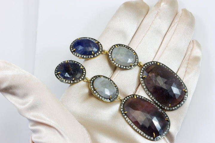 Red Blue White Sapphire Earrings  14k Yellow Gold Bezel Off Round Faceted Topaz Triple Hung  Long Drops Natural 3 Inch Drop Post Stud