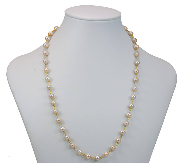 Pink Pearl Necklace Light Champagne Rose Pink Freshwater Cultured Pearls Link Beaded 24 Inch 14k Gold Filled and Plate Simple Chain Link