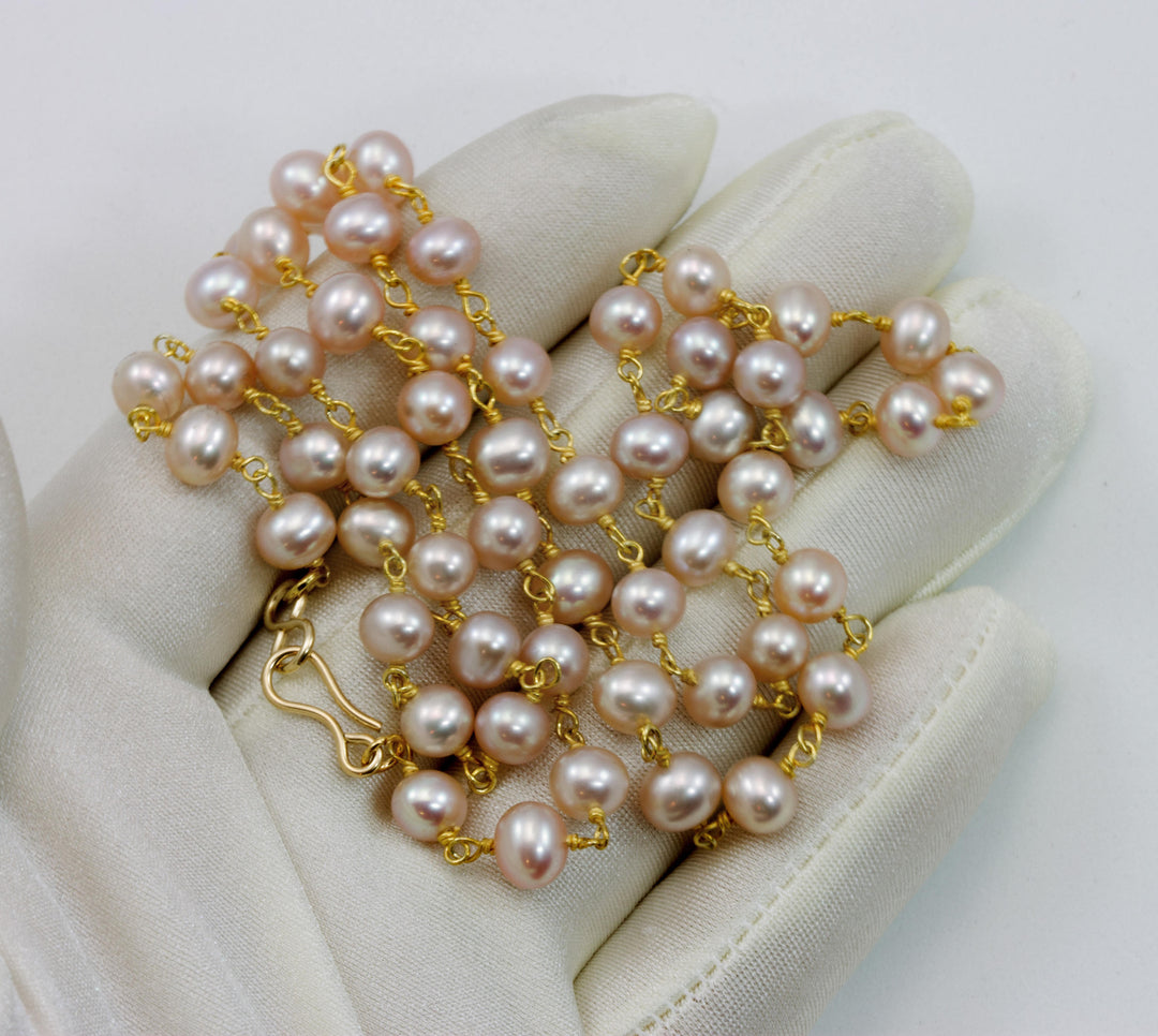 Pink Pearl Necklace Light Champagne Rose Pink Freshwater Cultured Pearls Link Beaded 24 Inch 14k Gold Filled and Plate Simple Chain Link