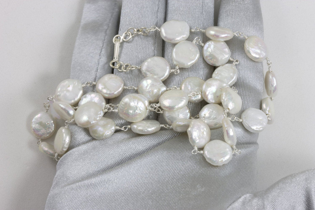 White Button Pearl  Necklace Natural Freshwater Sterling Silver Beaded Chain  24 Inches Freshwater Pearls Round High Luster Iridescence