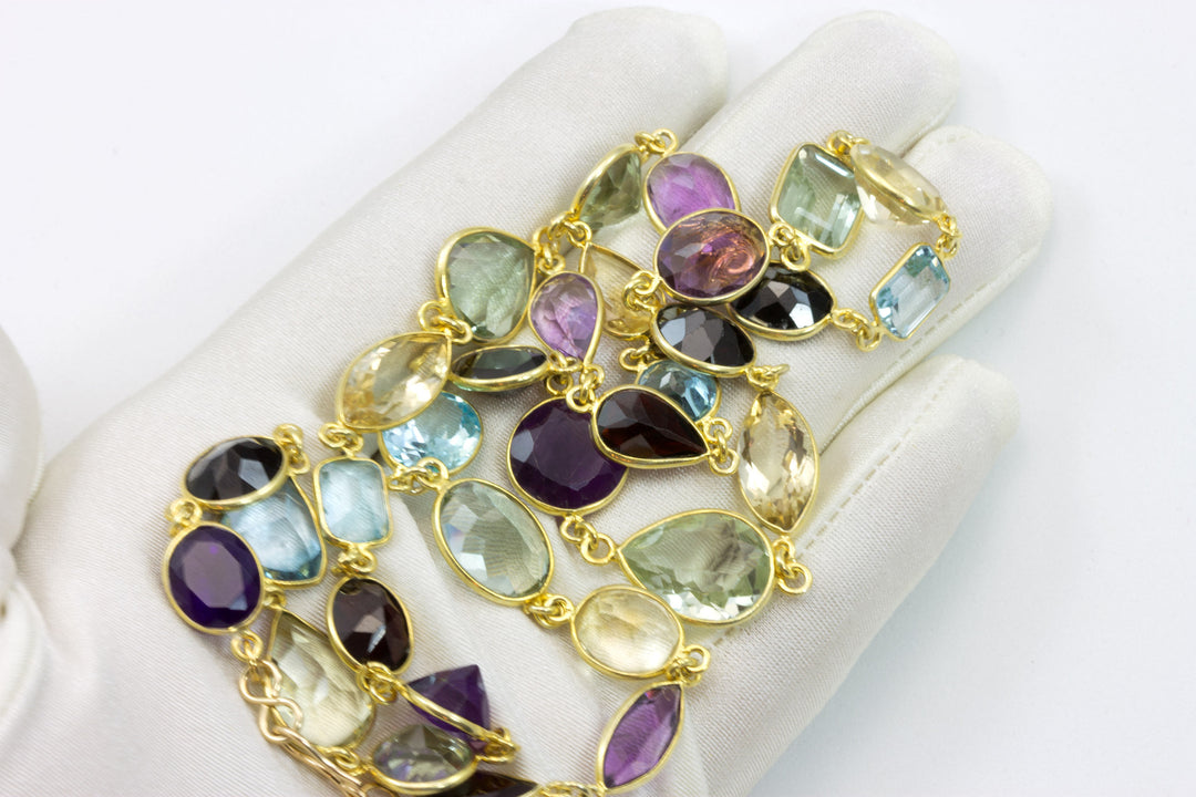 Multiple Gemstone Necklace Bezel Set Stones Off Round Off Oval 24 Inch 14k Gold Filled and Plate Large Faceted Amethyst Topaz Garnet Citrine
