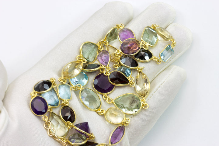 Multiple Gemstone Necklace Bezel Set Stones Off Round Off Oval 24 Inch 14k Gold Filled and Plate Large Faceted Amethyst Topaz Garnet Citrine