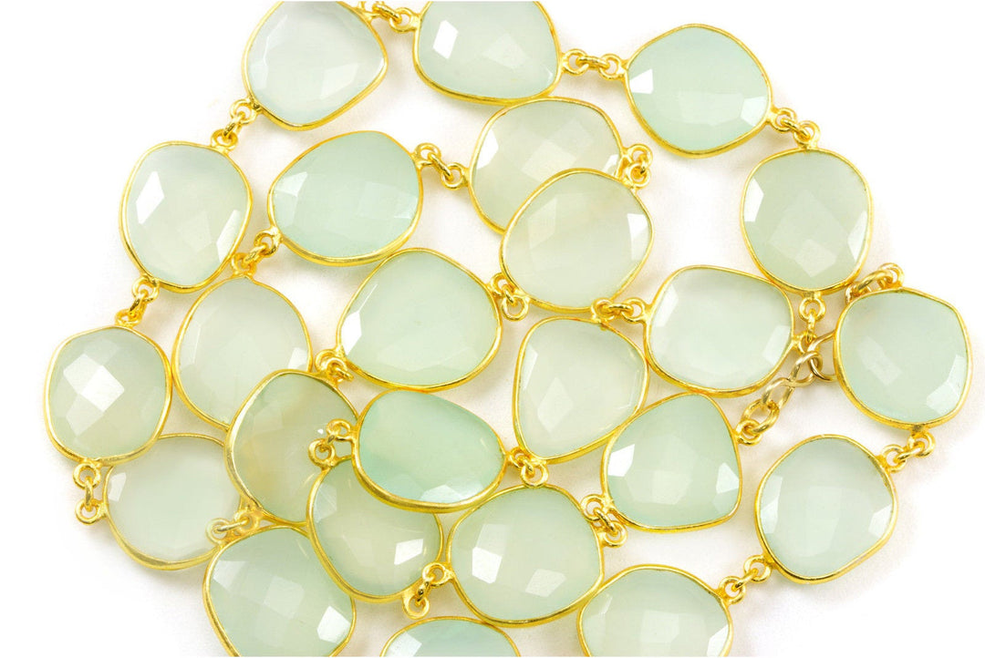 Green Chalcedony Necklace Bezel Set Stones Off Round Off Oval 24 Inch 14k Gold Filled and Plate Large Faceted Natural Stone Soft Chalcedony