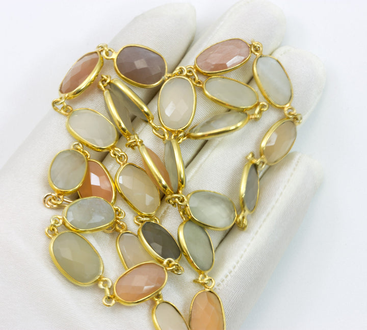 Moonstone Necklace Faceted Peach Gray White  Bezel Set 14k Yellow Gold Fill and Plate 24 Inch Chain Linked  Large Classic Natural