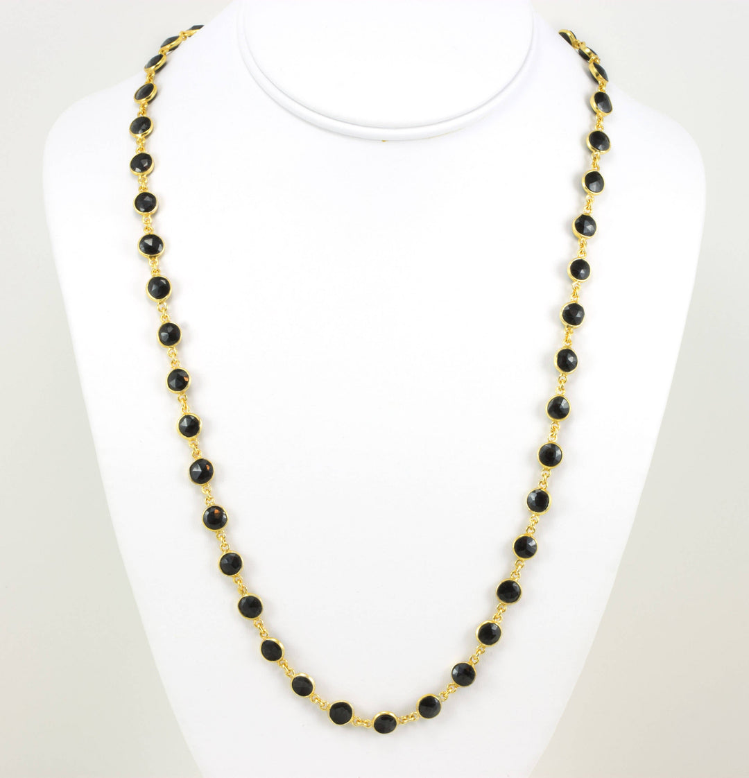 Black Spinel Necklace Bezel Chain Link  24 Inches Faceted Round Cut 14k Gold Fill and Plate Bezeled
