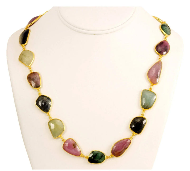 Sapphire Emerald Necklace Chain Link Faceted Raw Stones Multiple Colors 14k Gold Filled Necklace 24 Inches Pink Blue Yellow Green - Spyglass Designs