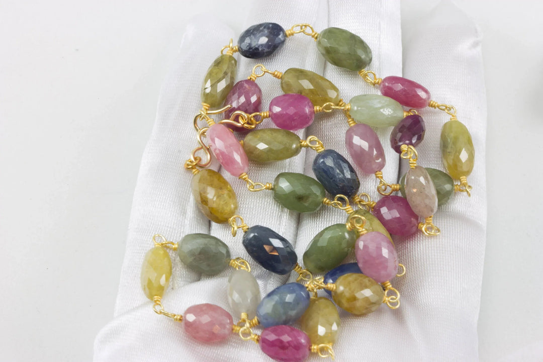Raw Sapphire Necklace Chain Link Faceted Raw Stones Multiple Colors 14k Gold Filled Necklace 24 Inches Pink Blue Yellow Green - Spyglass Designs