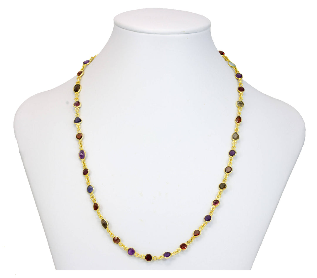 Multiple Gemstone Necklace Bezel Set Stones Off Round Off Oval 24 Inch 14k Gold Filled and Plate Large Faceted Amethyst Topaz Garnet