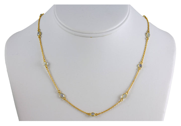 Moonstone Necklace Faceted Bezel Set 14k Yellow Gold Fill Plate 36 Inch Small Dainty Chain Linked Real Rainbow Blue Spaced out stones