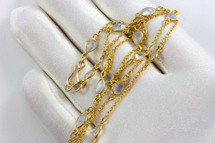 Moonstone Necklace Faceted Bezel Set 14k Yellow Gold Fill Plate 36 Inch Small Dainty Chain Linked Real Rainbow Blue Spaced out stones