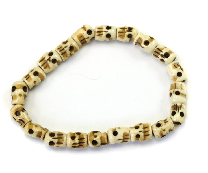 Skull Bracelet Carved Bone White Cream Or Brown  Bone Skulls 8 Inch Women Man Men's Bracelet Stretchy Tibetan Prayer Beads
