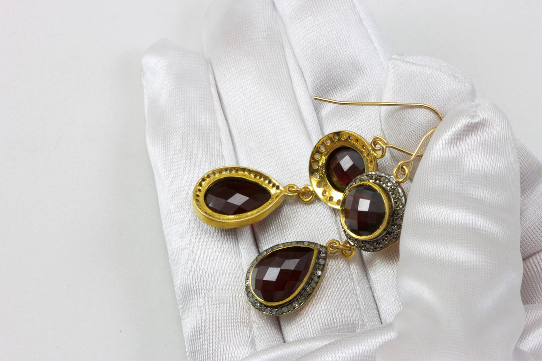 Red Garnet Earrings Double Hung Natural Pave Champagne Diamonds 14k Yellow Gold and black Rhodium Plate 2 Inch Drops
