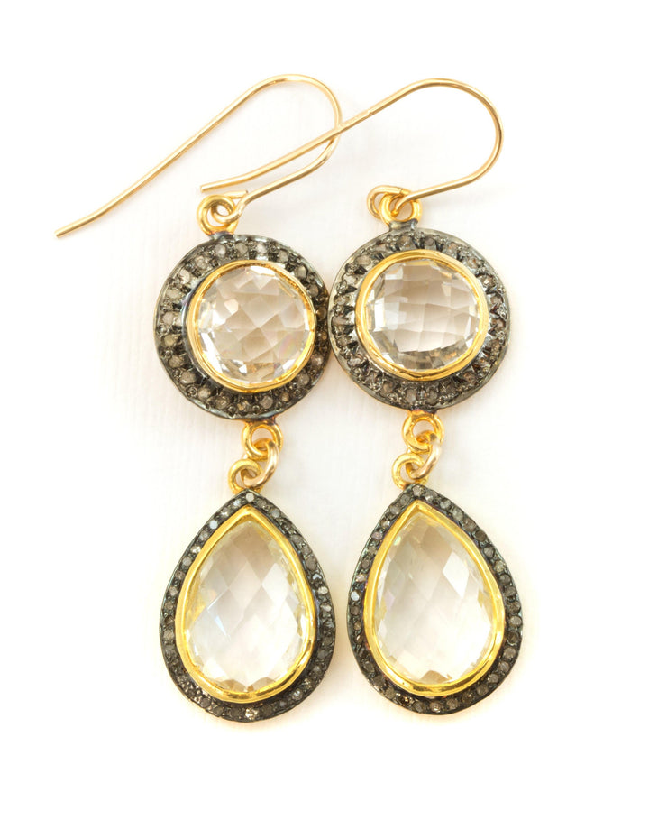 Clear Quartz Earrings Double Hung Natural Pave Champagne Diamonds 14k Solid Yellow Gold black Rhodium Plate 2 Inch Drops Round or Square Top