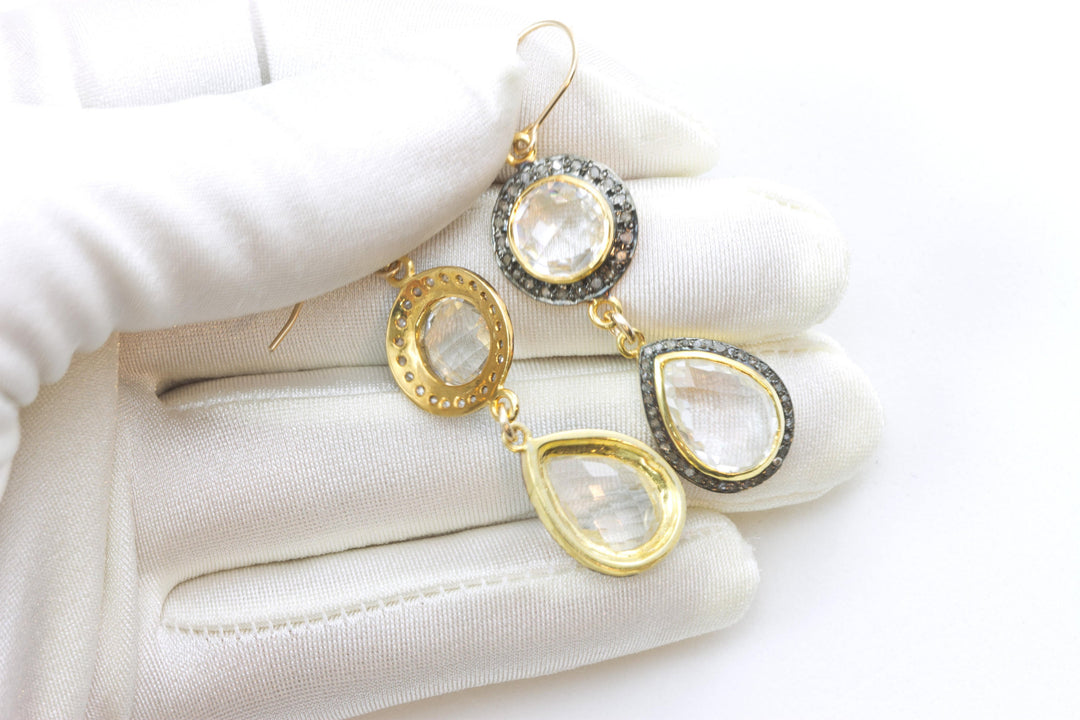 Clear Quartz Earrings Double Hung Natural Pave Champagne Diamonds 14k Solid Yellow Gold black Rhodium Plate 2 Inch Drops Round or Square Top